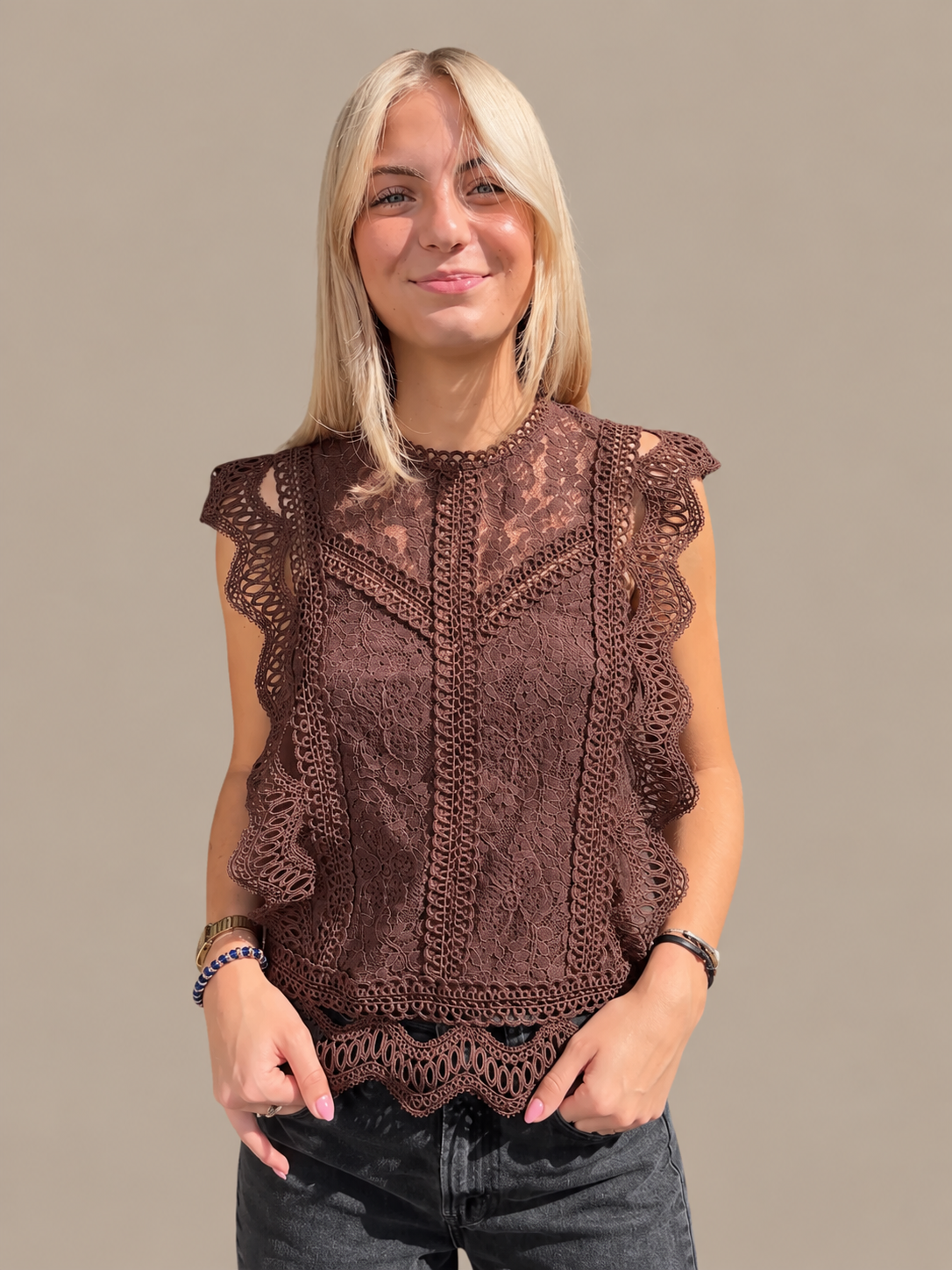 Haut dentelle Céleste marron